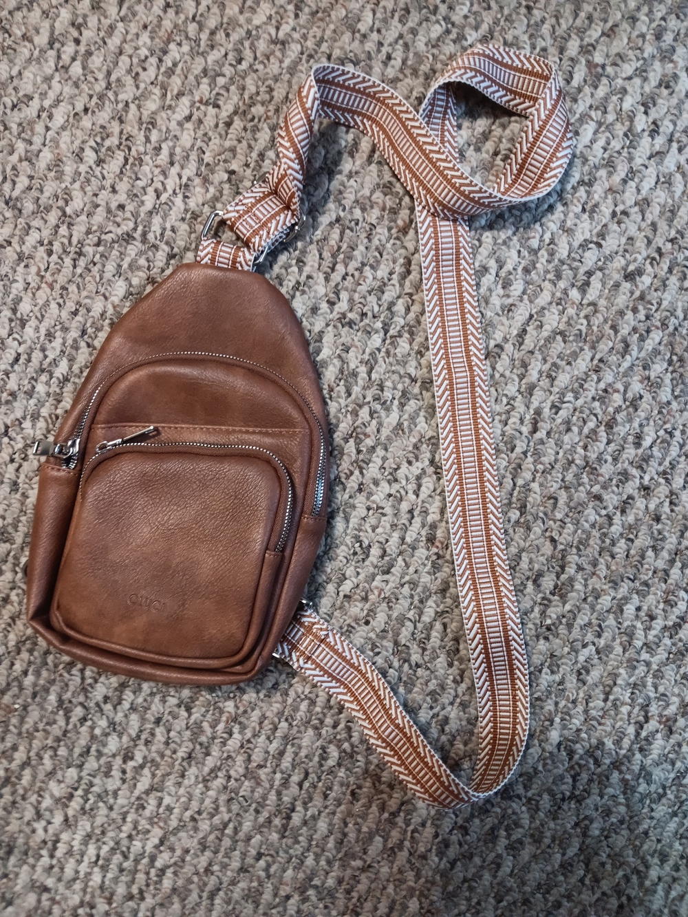 Classic Brown Leather Crossbody Sling with Patterned Strap